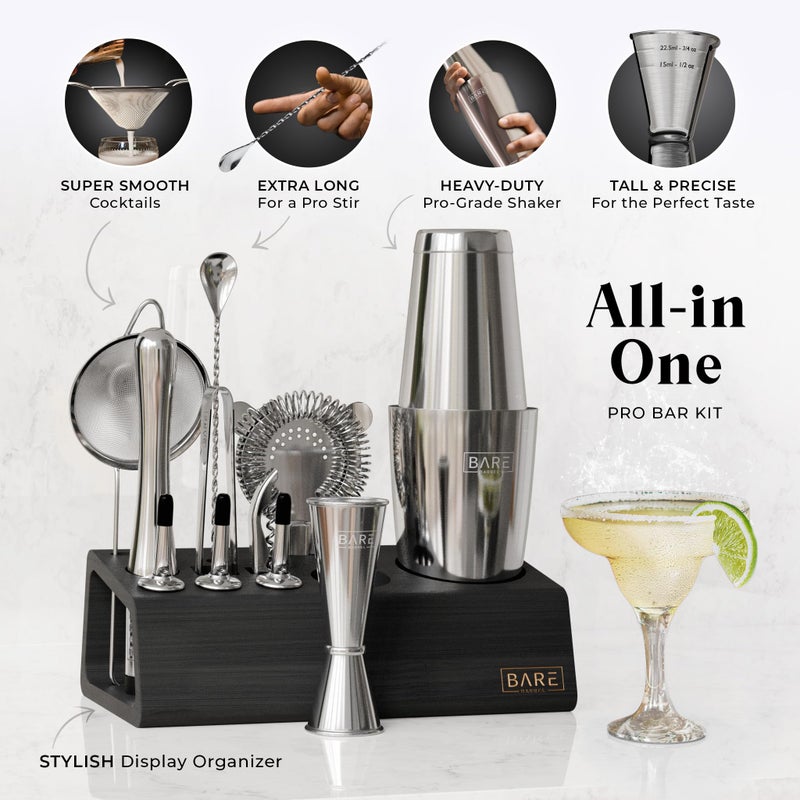 BARE BARREL Mixology Bartender Kit Bar Set | 14-Piece Cocktail Shaker Set | Martini Barware Mixing Tools for Home Bartending | Incl. 35 Recipe Cards | Gift Set (28oz Boston Shaker  Silver/Black) - Image 2